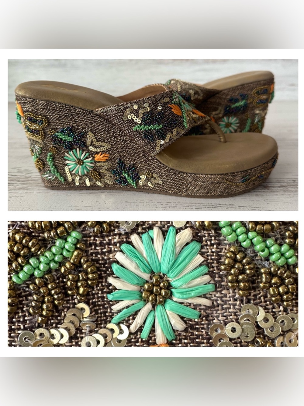 NWOT Beaded Sequin 3D Floral Platform Wedge Sandals 41 Butterfly Mixed Media